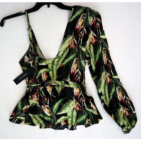 BCBGMAXAZRIA Women's Sz S Black Bird of Paradise One Sleeve Printed Top - Picture 2 of 6